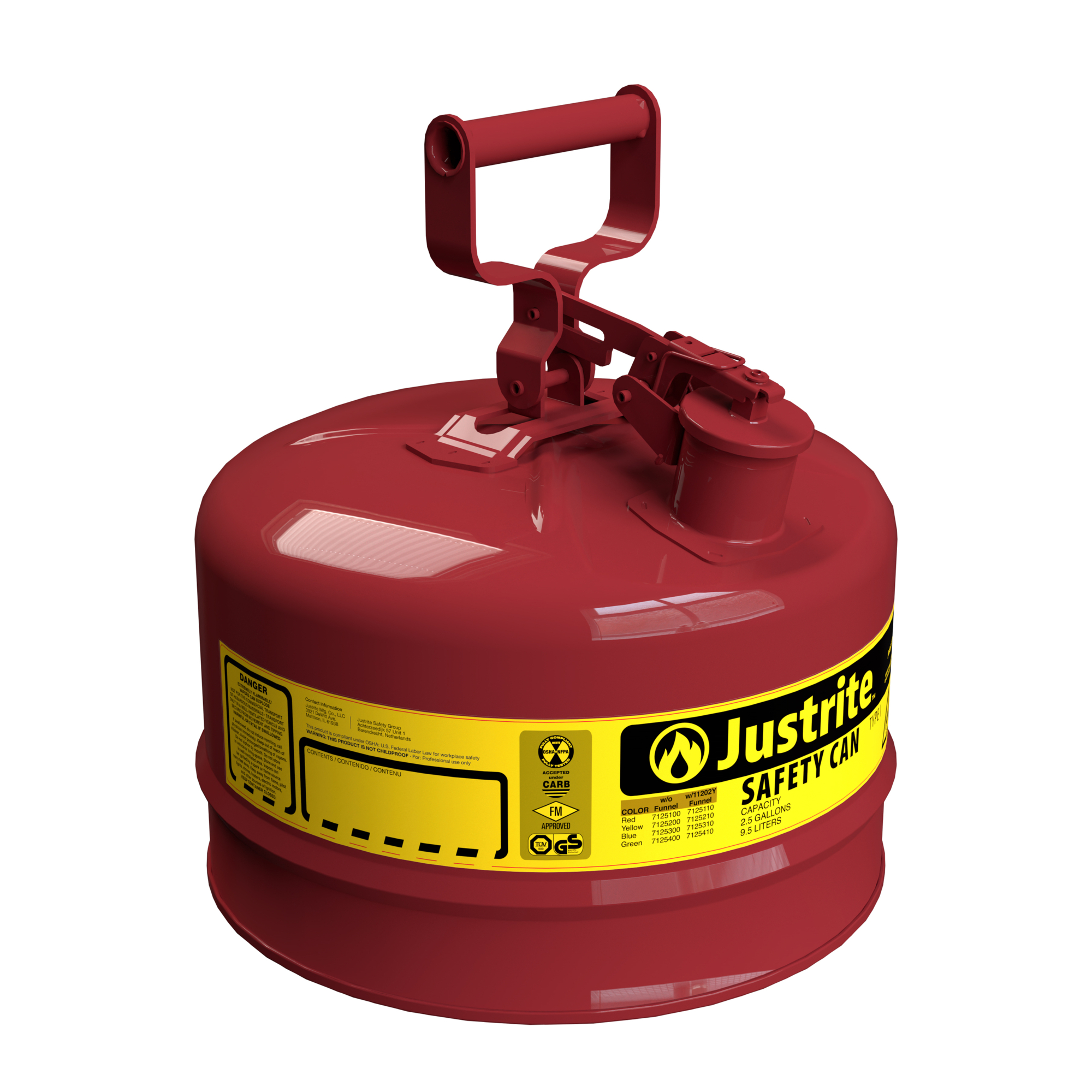 Justrite Steel Safety Can for Flammables — 2.5 Gallon, Type I, Flame Arrester, Red, Model# 7125100